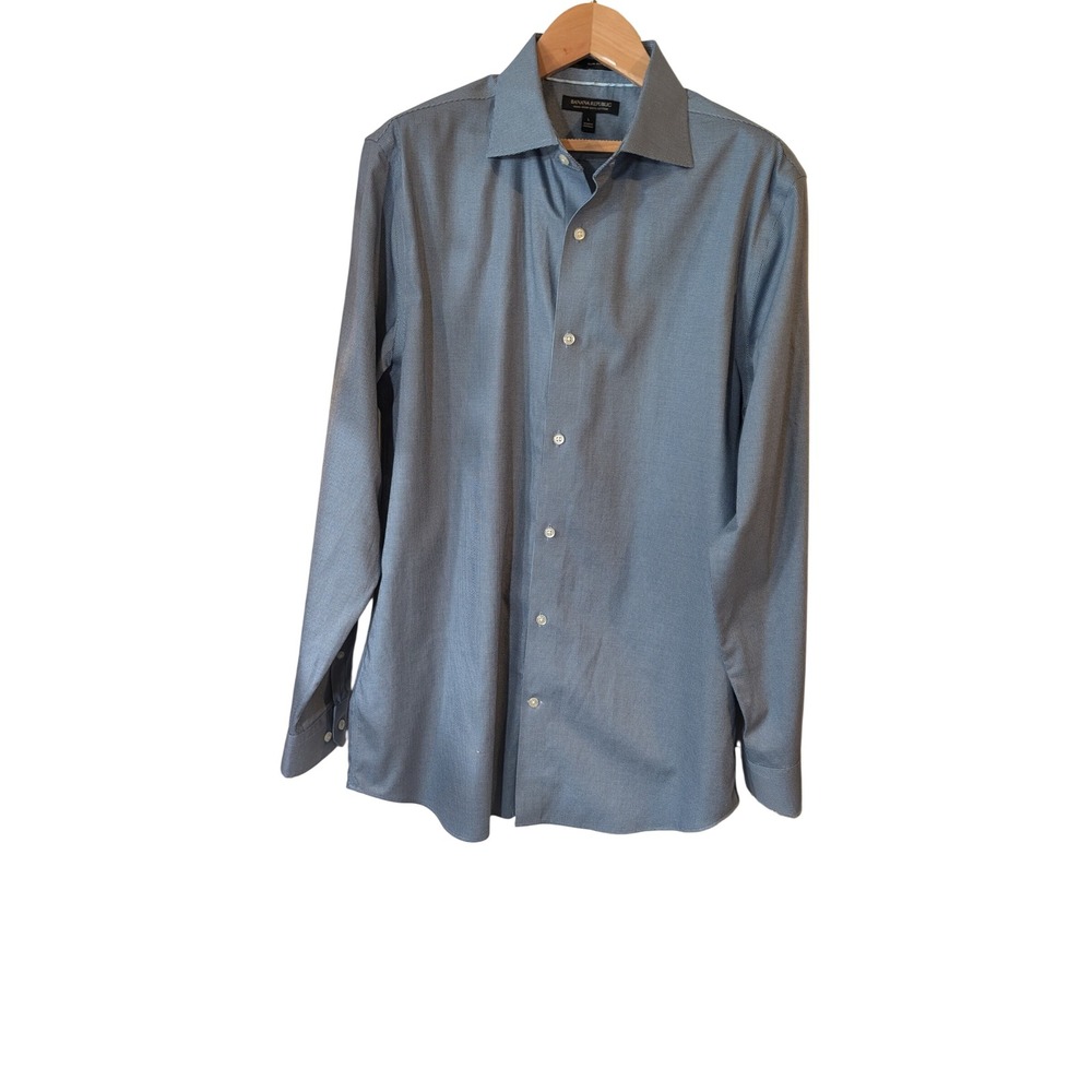 Banana Republic Mens L Slim Fit Non-Iron Cotton Blue Houndstooth Dress Shirt